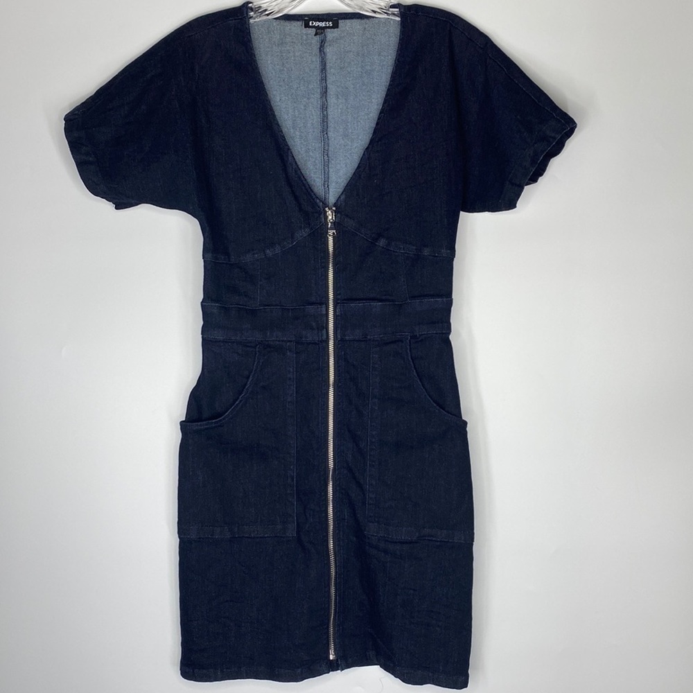 Express Denim Front Zippered Bodycon Vneck Dress XS